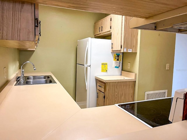 kitchen featuring stovetop, white fridge, sink, and light brown cabinetry