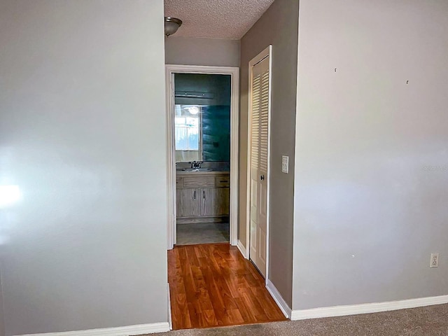 hall with sink, wood-type flooring, and a textured ceiling