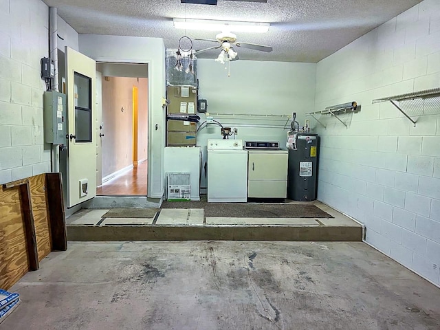 laundry area featuring electric water heater, washer and clothes dryer, ceiling fan, and a textured ceiling