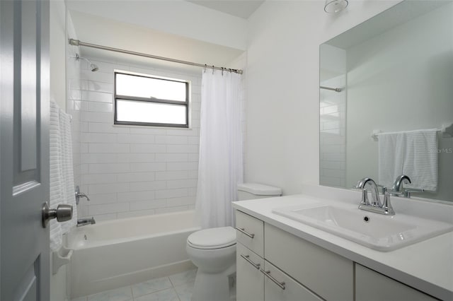 full bathroom with vanity, shower / bath combination with curtain, and toilet