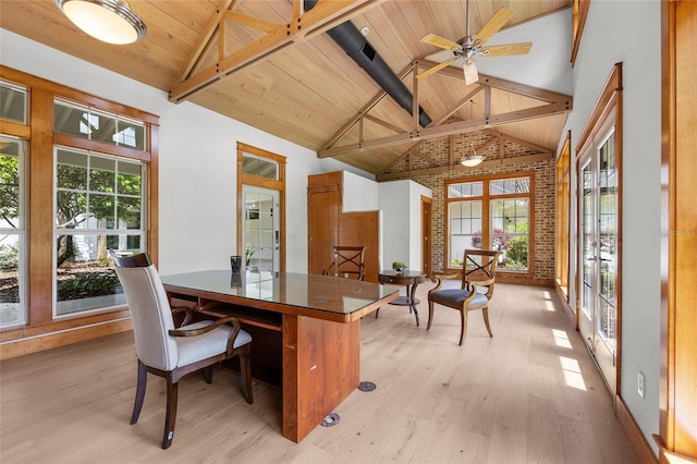 7106 NW 18th Ave, Gainesville, FL 32605 - office featuring wood ceiling, brick wall, ceiling fan, light wood-style flooring, and vaulted ceiling with beams