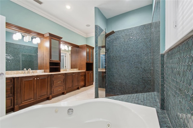 bathroom with vanity, separate shower and tub, and ornamental molding