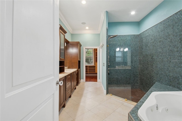 bathroom with crown molding, tile patterned flooring, vanity, and plus walk in shower