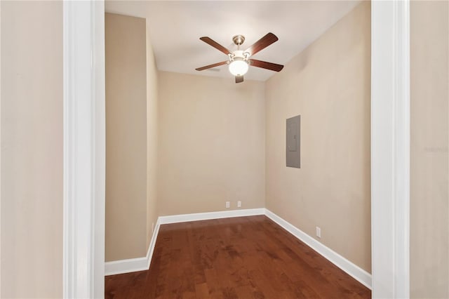 unfurnished room with electric panel, ceiling fan, and dark wood-type flooring