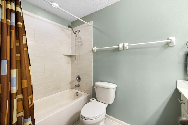 full bathroom featuring vanity, shower / bath combination with curtain, a textured ceiling, and toilet