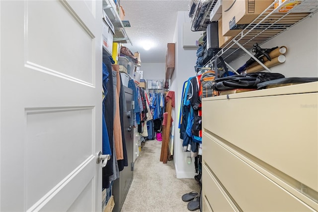 walk in closet featuring light carpet