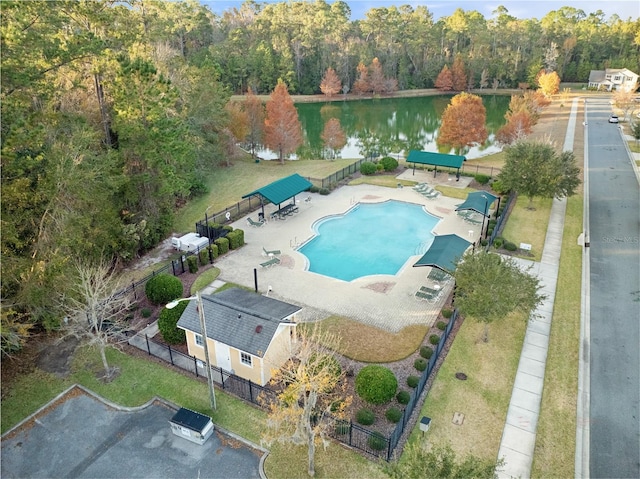 drone / aerial view with a water view