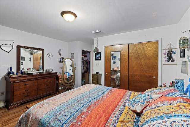 bedroom with wood-type flooring and a closet