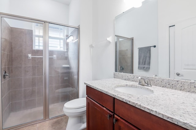 bathroom featuring tile patterned floors, vanity, toilet, and an enclosed shower