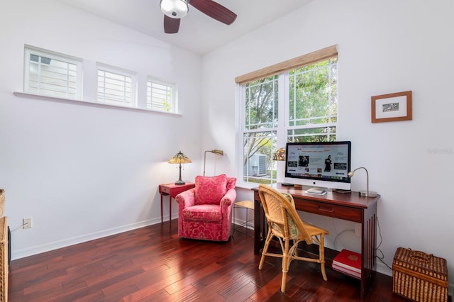 home office with dark wood-style floors, baseboards, and a ceiling fan