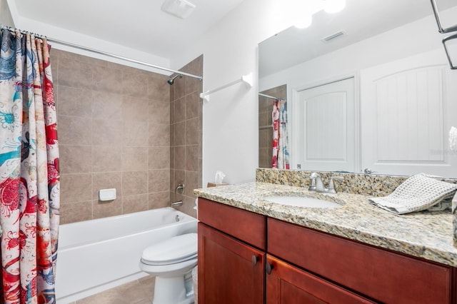 full bathroom with toilet, vanity, visible vents, tile patterned floors, and shower / bath combination with curtain