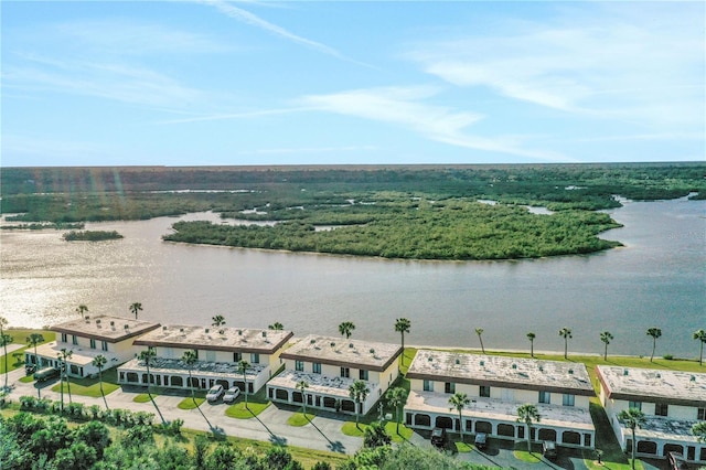 bird's eye view with a water view