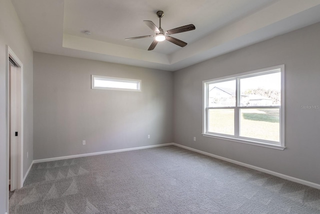 unfurnished room with carpet, a raised ceiling, and baseboards