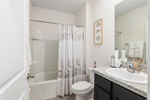 full bathroom with shower / bath combo, toilet, and vanity