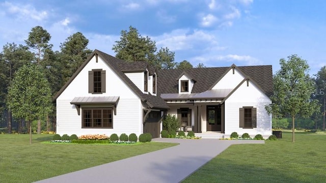 modern inspired farmhouse with a porch and a front yard