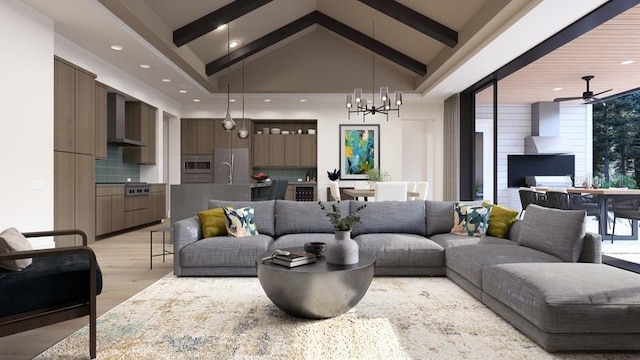 living room with beamed ceiling, ceiling fan with notable chandelier, light hardwood / wood-style floors, and a wealth of natural light