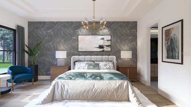 bedroom featuring hardwood / wood-style flooring, a tray ceiling, and a chandelier