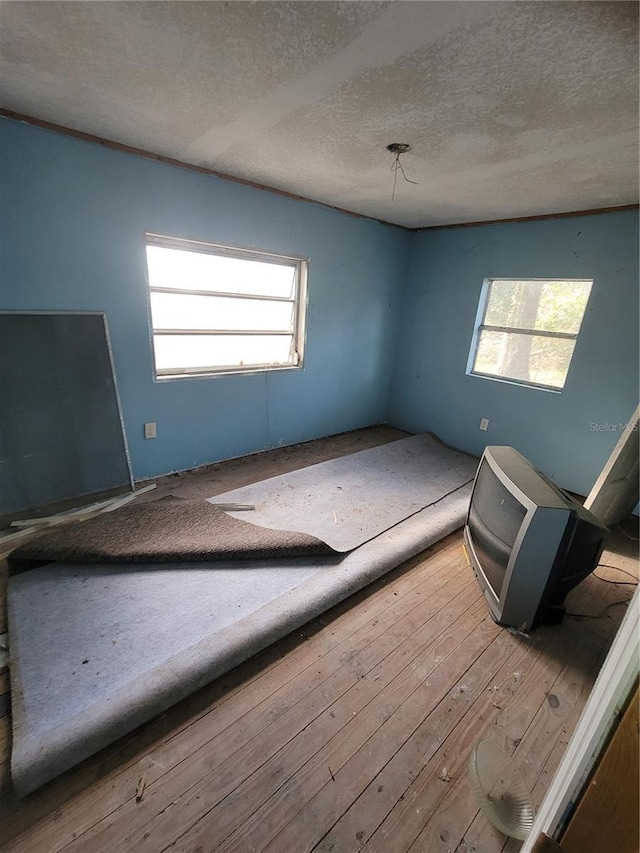 interior space with a healthy amount of sunlight, a textured ceiling, and hardwood / wood-style flooring