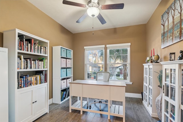 office area with dark wood-style floors, ceiling fan, and baseboards