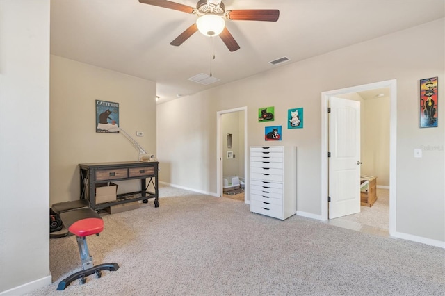 game room featuring baseboards, visible vents, ceiling fan, and carpet flooring