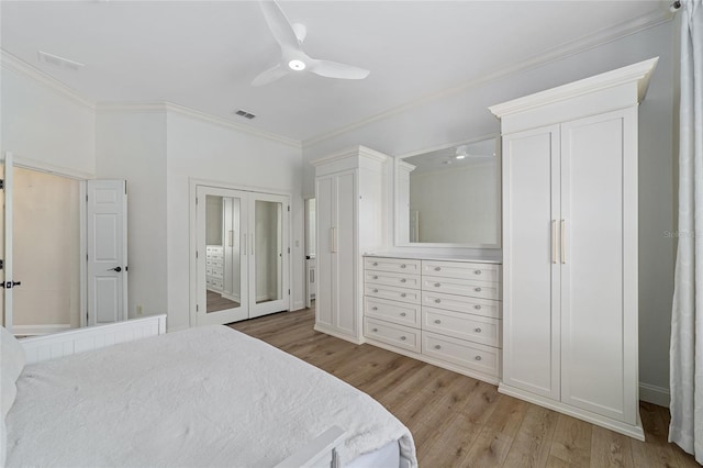 bedroom featuring french doors, light wood-type flooring, ceiling fan, and ornamental molding