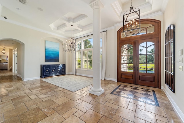 foyer featuring beam ceiling, french doors, a high ceiling, coffered ceiling, and crown molding