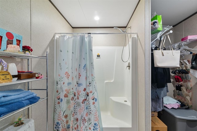 bathroom with a shower with shower curtain