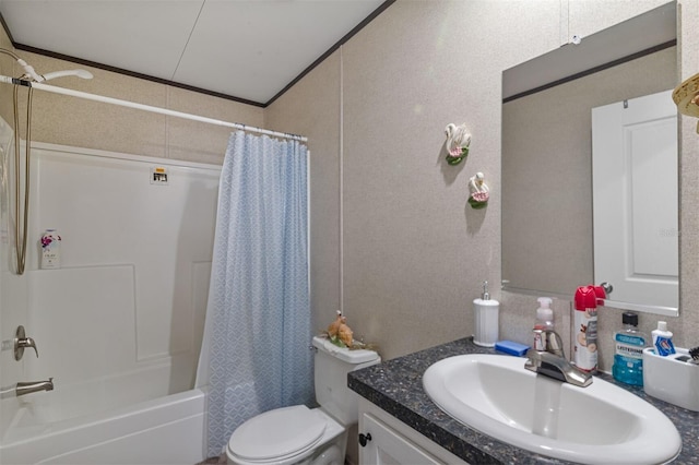 full bathroom with vanity, ornamental molding, shower / bath combo, and toilet