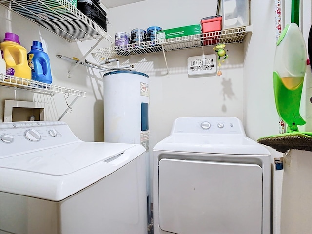 laundry area featuring electric water heater and washing machine and clothes dryer