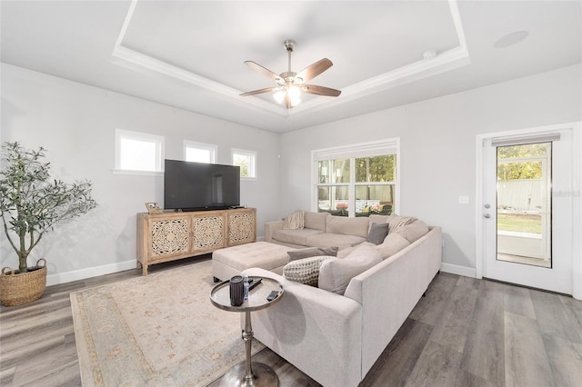 living room with hardwood / wood-style flooring, ceiling fan, and a tray ceiling