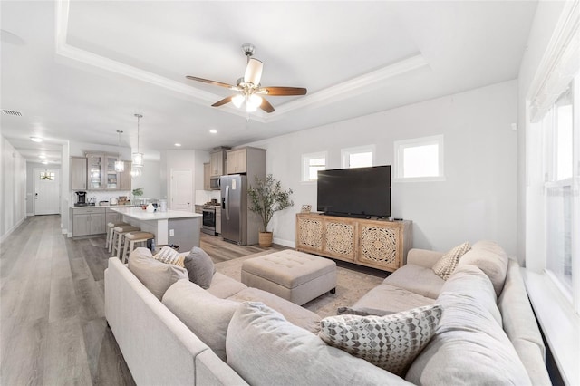 living room featuring a raised ceiling, ceiling fan, and light hardwood / wood-style floors