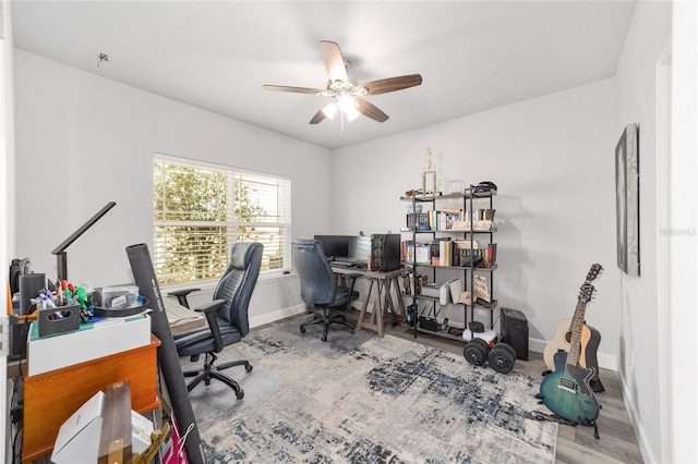 office area featuring ceiling fan and wood-type flooring