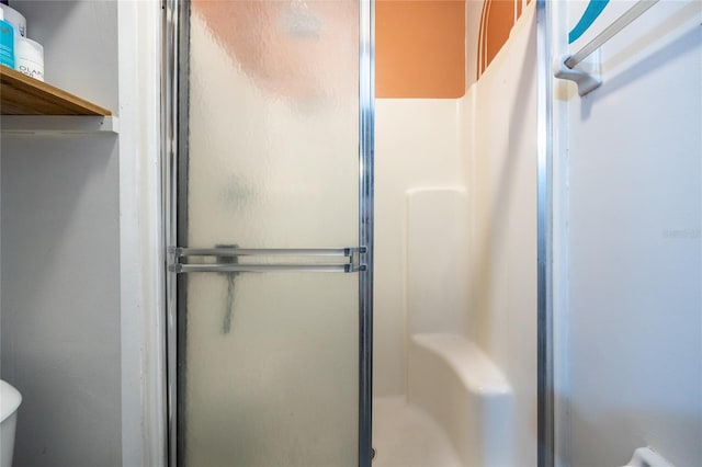 bathroom featuring toilet and a shower with shower door