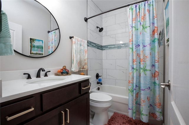 full bathroom with vanity, shower / bathtub combination with curtain, and toilet