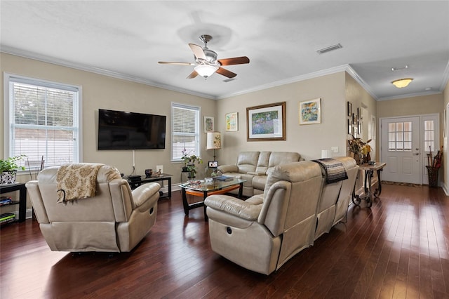 living room with crown molding, ceiling fan, and dark wood-type flooring