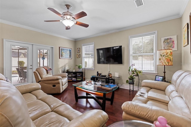 living room featuring ceiling fan, french doors, dark hardwood / wood-style floors, and ornamental molding