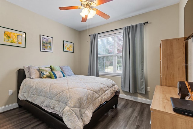 bedroom with ceiling fan and dark hardwood / wood-style floors