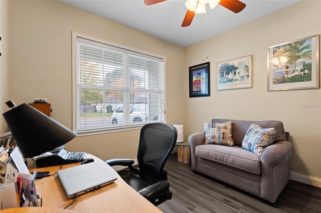 office with ceiling fan, plenty of natural light, and dark wood-type flooring