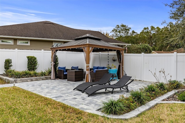 view of patio / terrace featuring a gazebo and an outdoor hangout area
