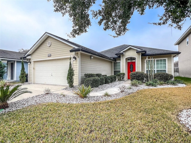 ranch-style house with a front yard and a garage