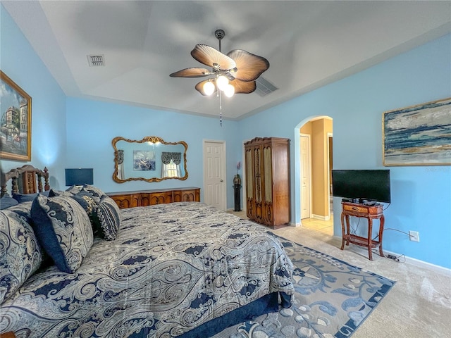 bedroom with light colored carpet and ceiling fan