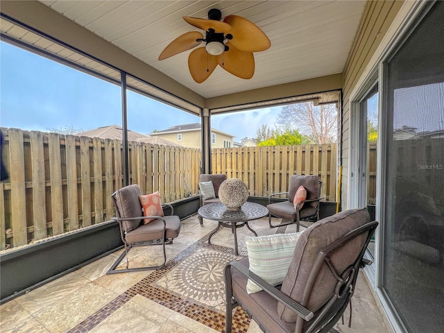 sunroom / solarium featuring ceiling fan and wood ceiling