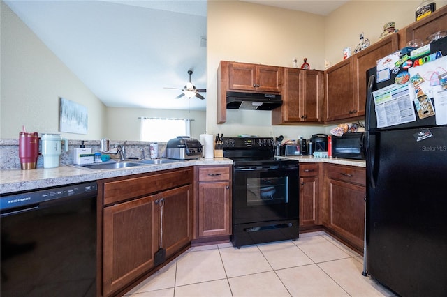 kitchen with light tile patterned flooring, sink, ceiling fan, and black appliances