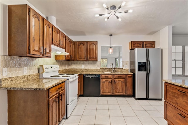 kitchen with sink, white electric range oven, black dishwasher, stainless steel fridge, and decorative light fixtures