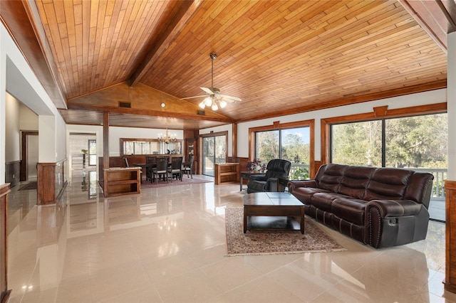 tiled living room with high vaulted ceiling, beam ceiling, wood ceiling, and ceiling fan with notable chandelier