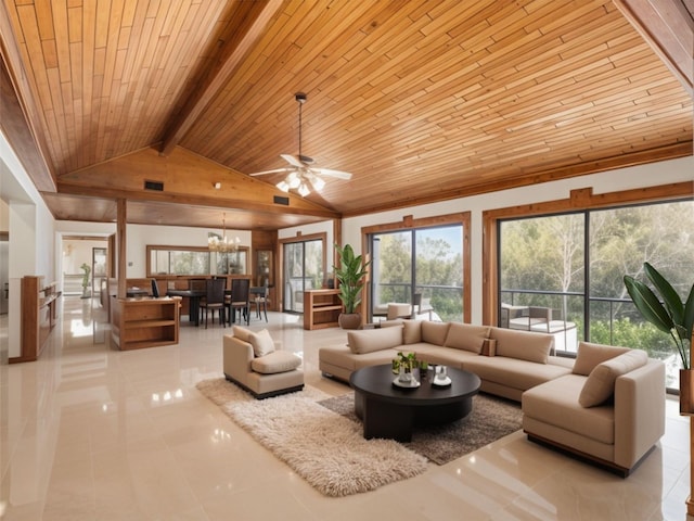 living room featuring ceiling fan with notable chandelier, wood ceiling, light tile patterned flooring, high vaulted ceiling, and beam ceiling