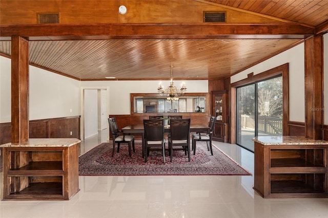 tiled dining area with wooden walls, wood ceiling, and an inviting chandelier