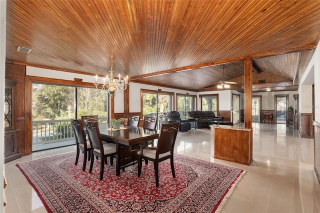 dining space featuring plenty of natural light, a notable chandelier, wood ceiling, and vaulted ceiling