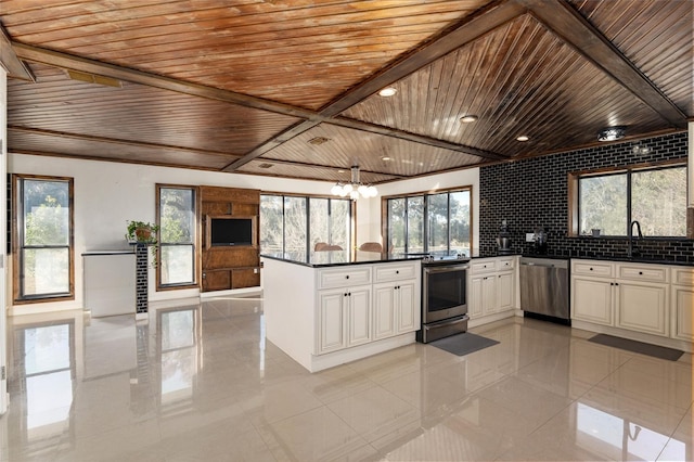 kitchen featuring wood ceiling, kitchen peninsula, appliances with stainless steel finishes, and tasteful backsplash