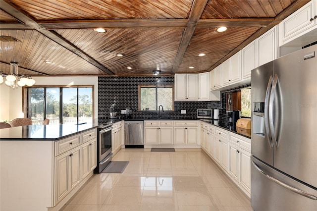 kitchen with appliances with stainless steel finishes, wooden ceiling, tasteful backsplash, decorative light fixtures, and kitchen peninsula